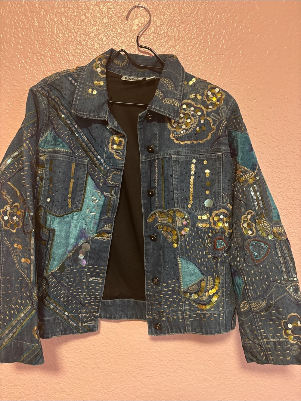 Chico's Blue Embroidered & Sequin Jean Jacket